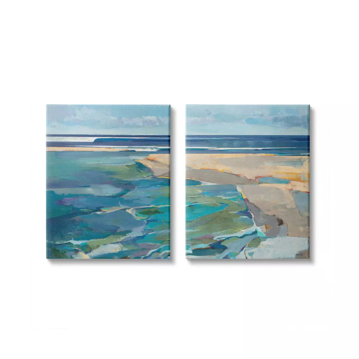 Two abstract landscape paintings on a white background