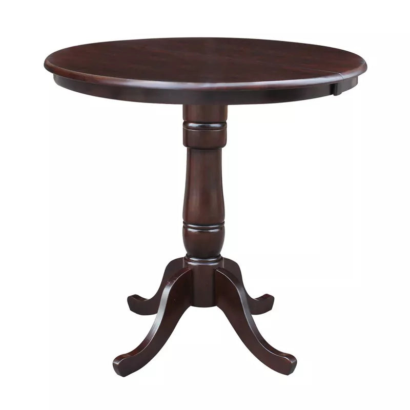 Round wooden table with a dark finish on a white background