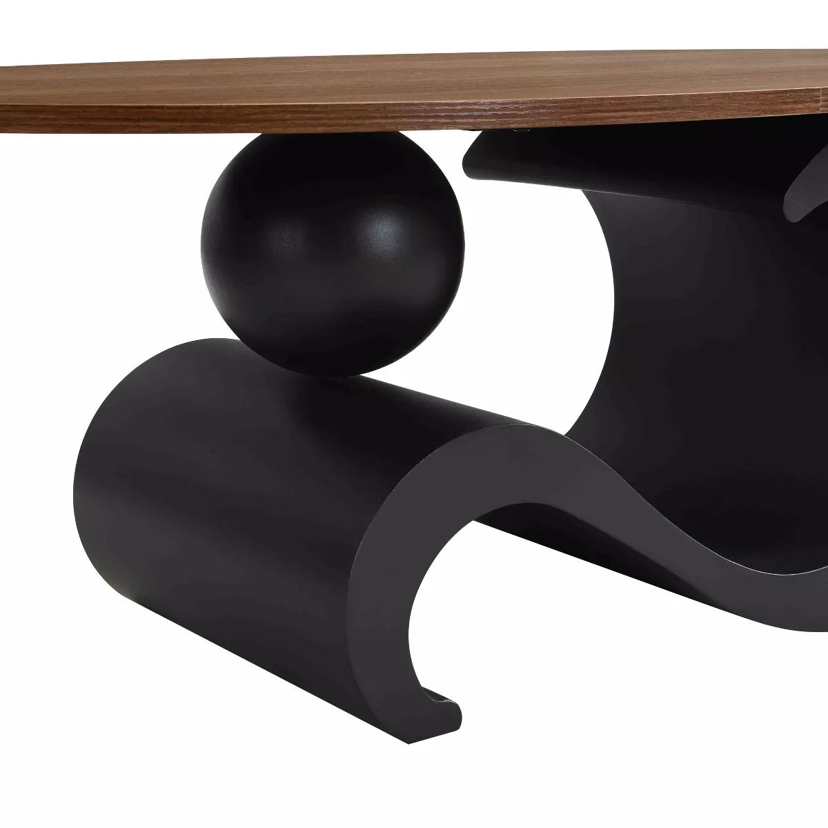 Round wooden table with black curved base and dimensions indicated