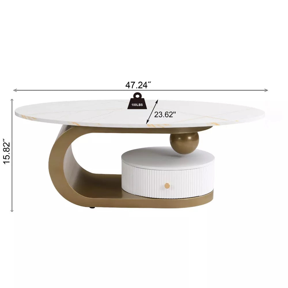 Modern side table with white top and gold cylindrical legs on a white background gold