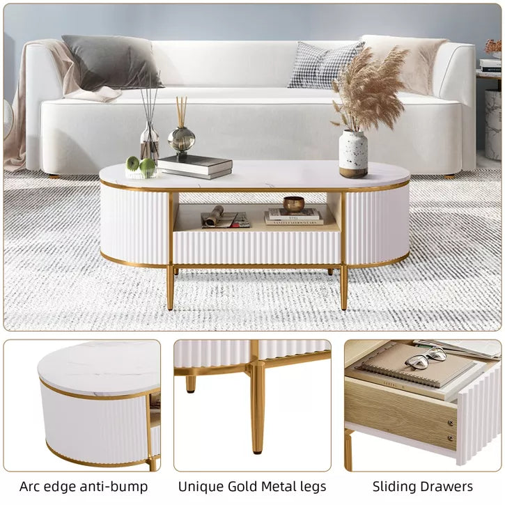 White coffee table with gold legs in a living room setting, featuring arc edge anti-bump, unique gold metal legs, and sliding drawers.