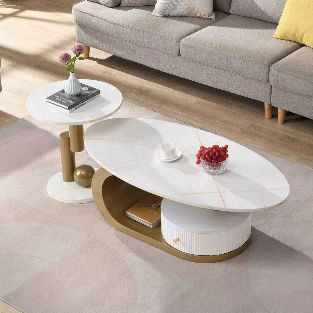 Modern side table with white top and gold cylindrical legs on a white background gold