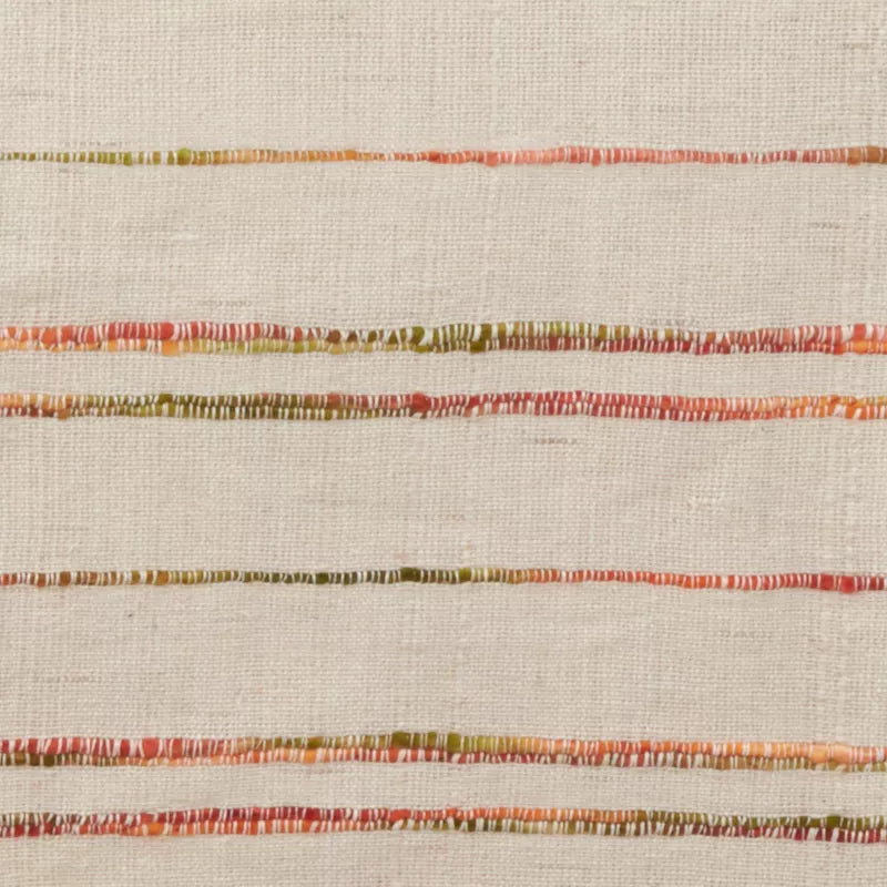 Textured fabric with horizontal stripes in red, green, and orange on a beige background