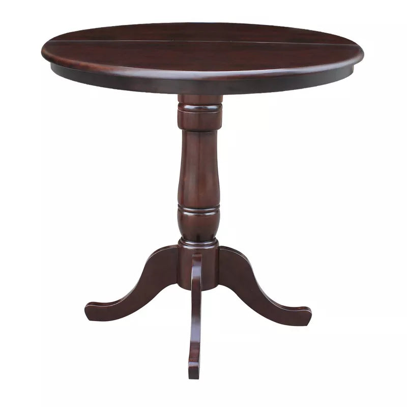 Wooden round table with a pedestal base on a white background