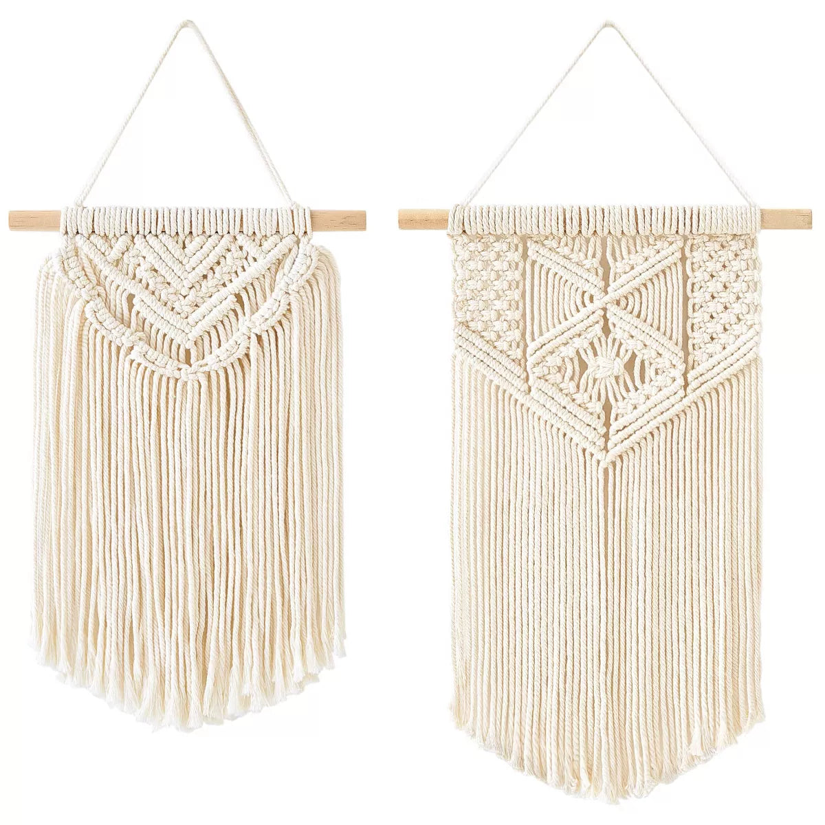 Macrame wall hanging with geometric pattern on a white background