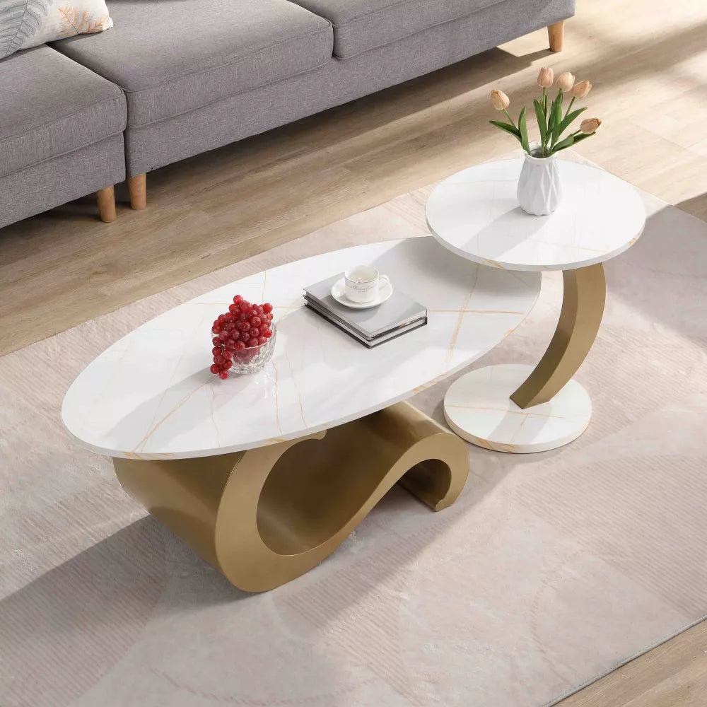White side table with gold accents and dimensions on a white background golden 