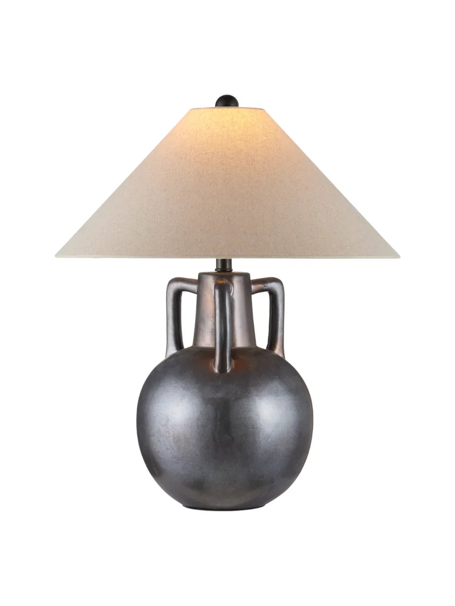 Jug-shaped gray ceramic table lamp with reactive glaze finish, bronze accents, and a classic empire shade.