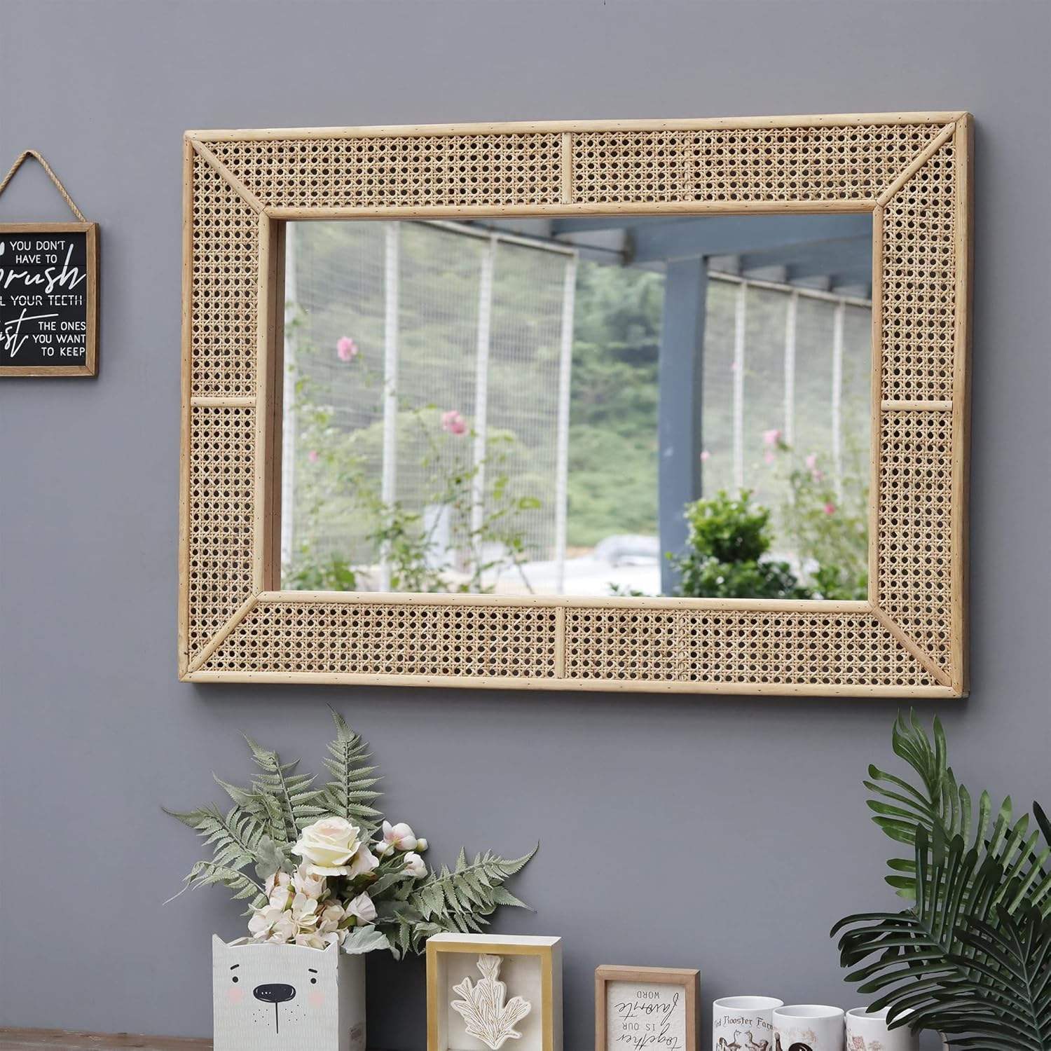 Wooden and Rattan Mirrors, Boho Rectangle