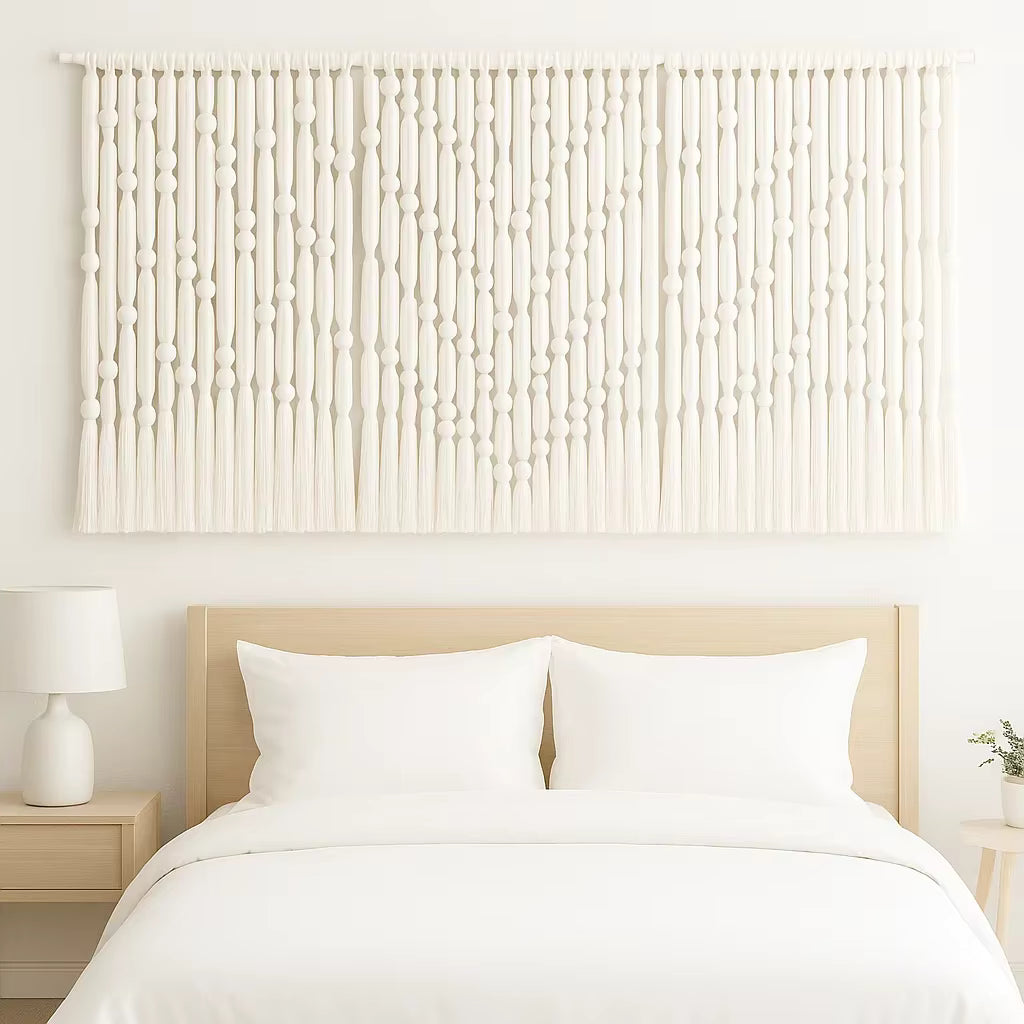 Neatly made bed with white bedding and pillows, wooden headboard, and decorative wall art in a bedroom setting.