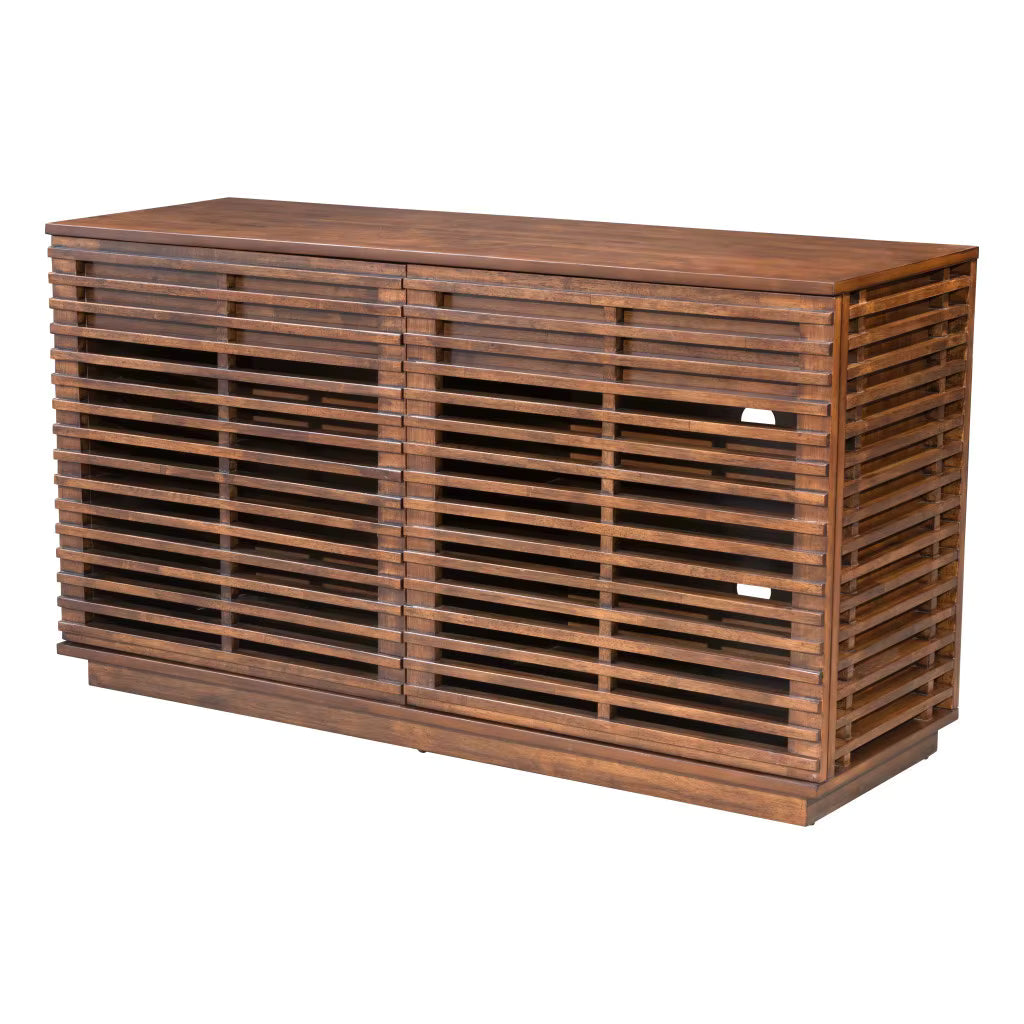 Wooden sideboard with slatted design on a white background