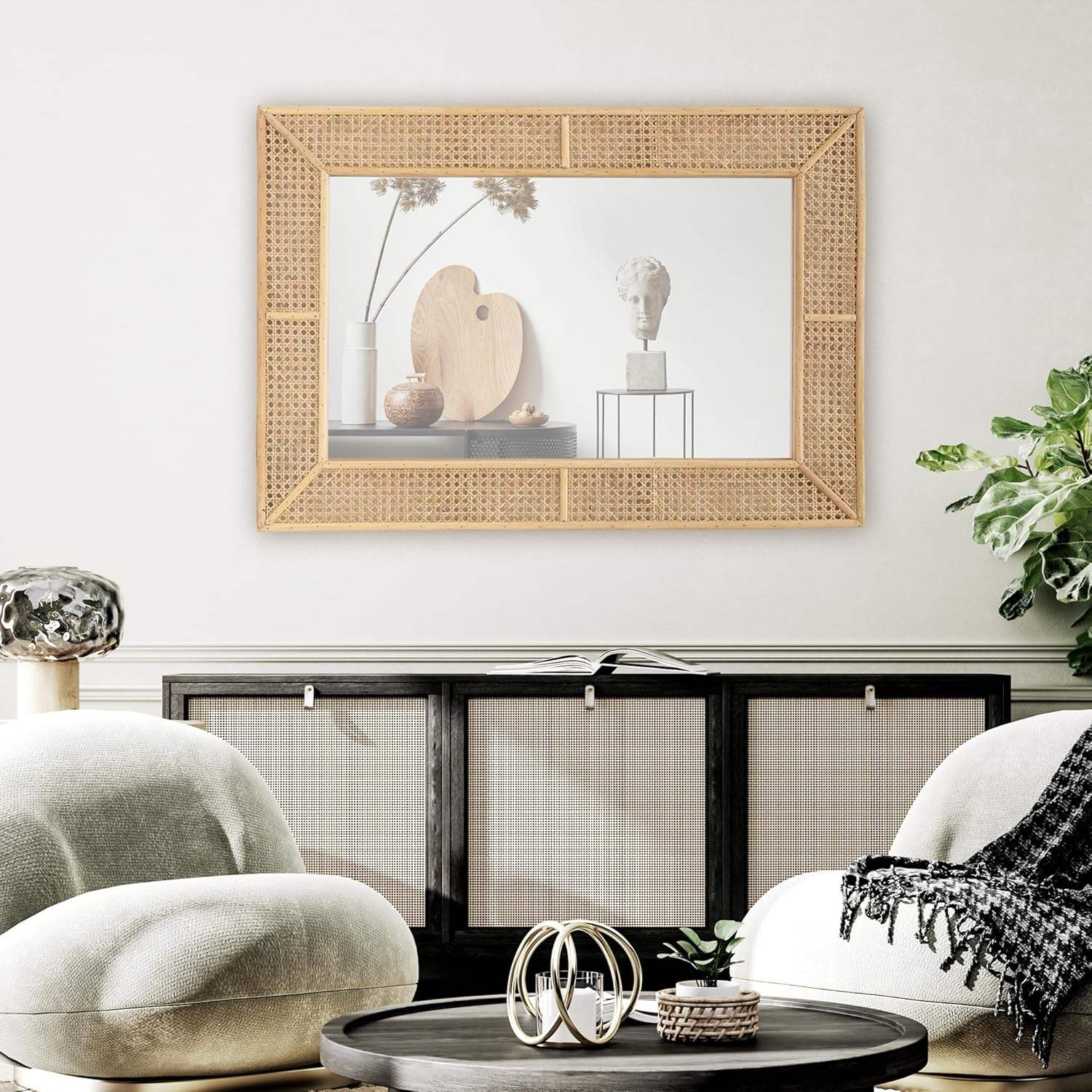 Wooden and Rattan Mirrors, Boho Rectangle