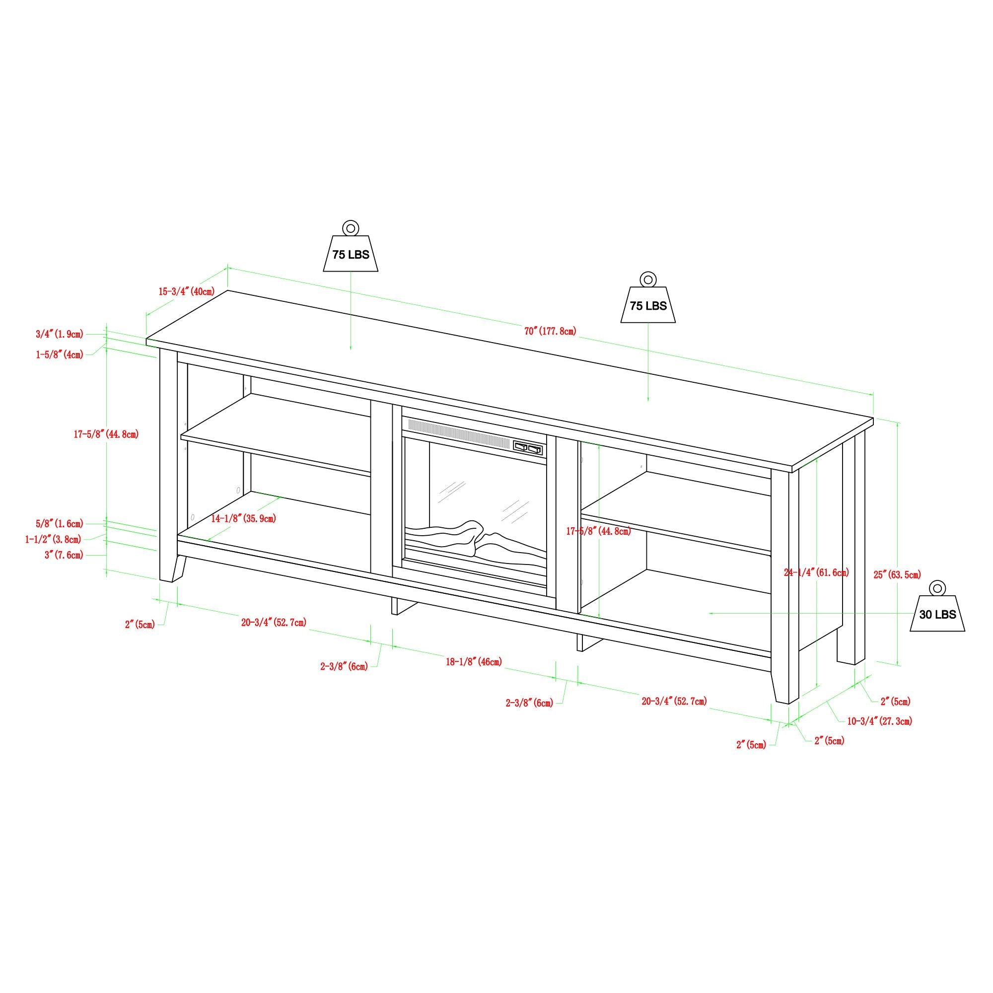 Technical drawing of a TV stand with dimensions and weight labels on a white background