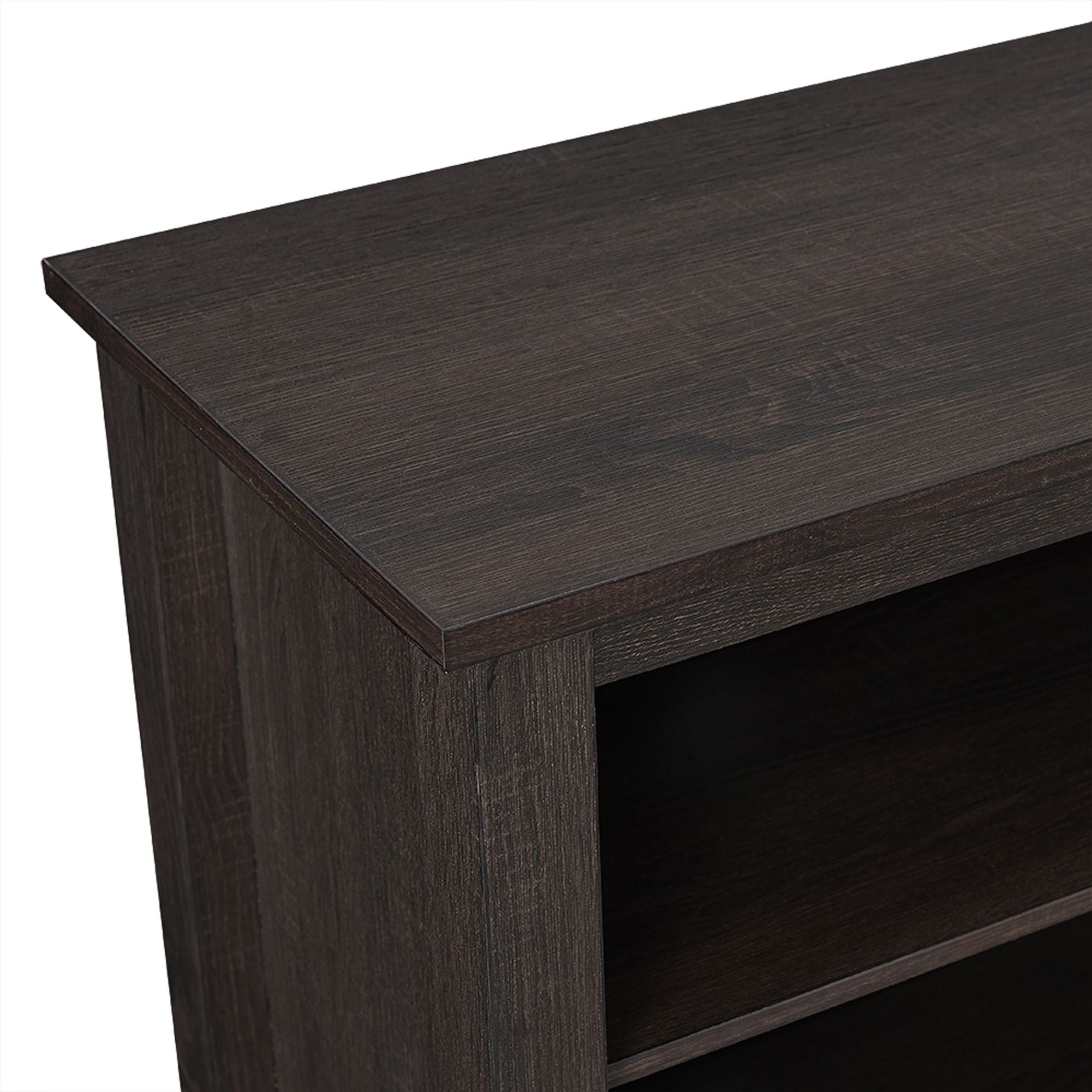 Dark wood console table with a white background