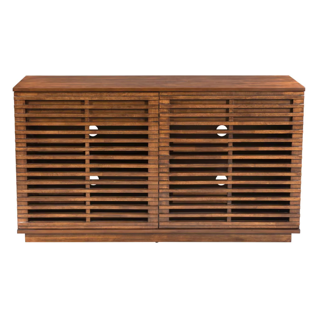 Wooden sideboard with slatted design on a white background