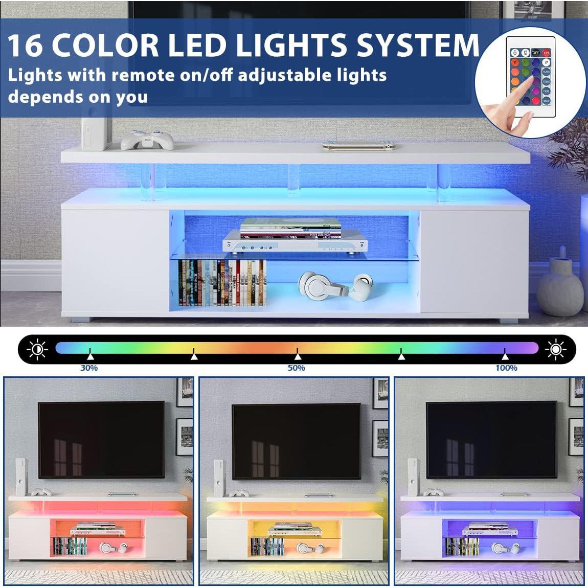 White entertainment console with LED lights and remote control, featuring a 16 color system.