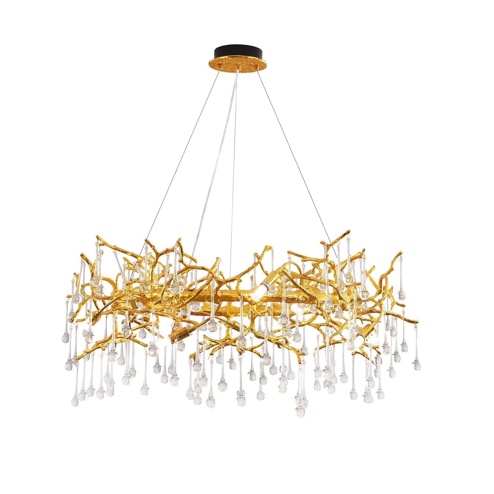 Gold chandelier with branch-like design on a white background