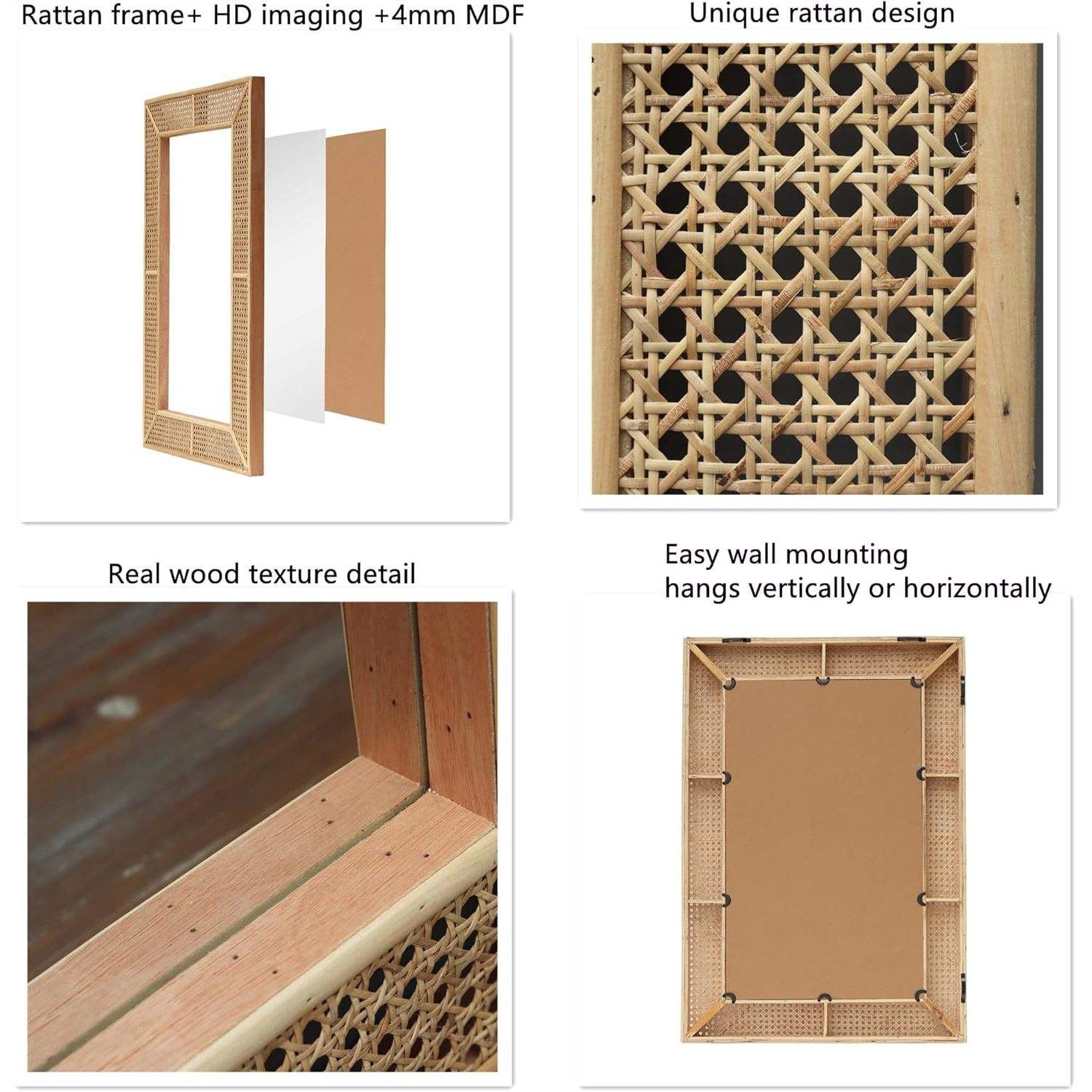 Wooden and Rattan Mirrors, Boho Rectangle