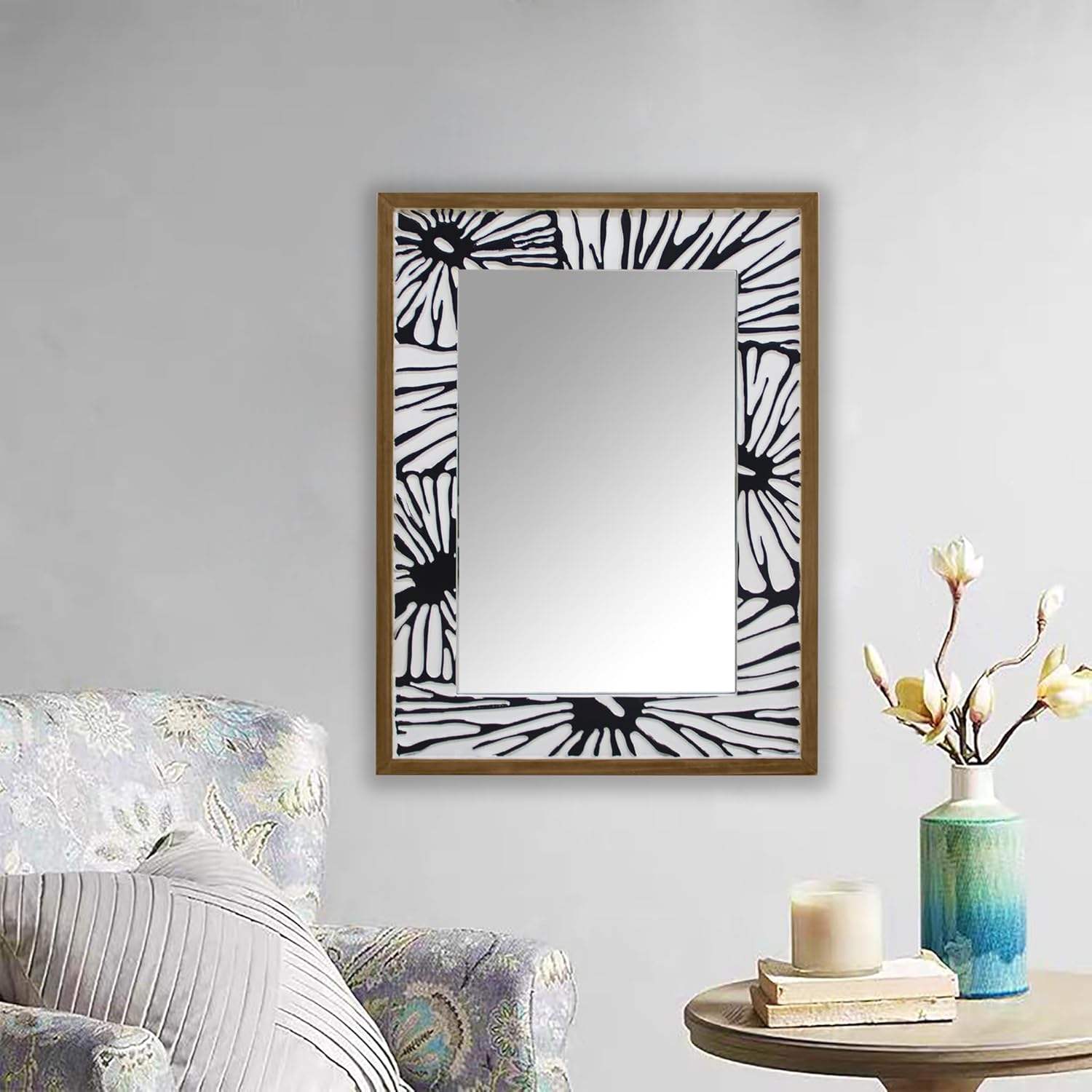 Rectangle Wall Mirror with Wooden Frame, Rustic Decorative Hanging Mirror