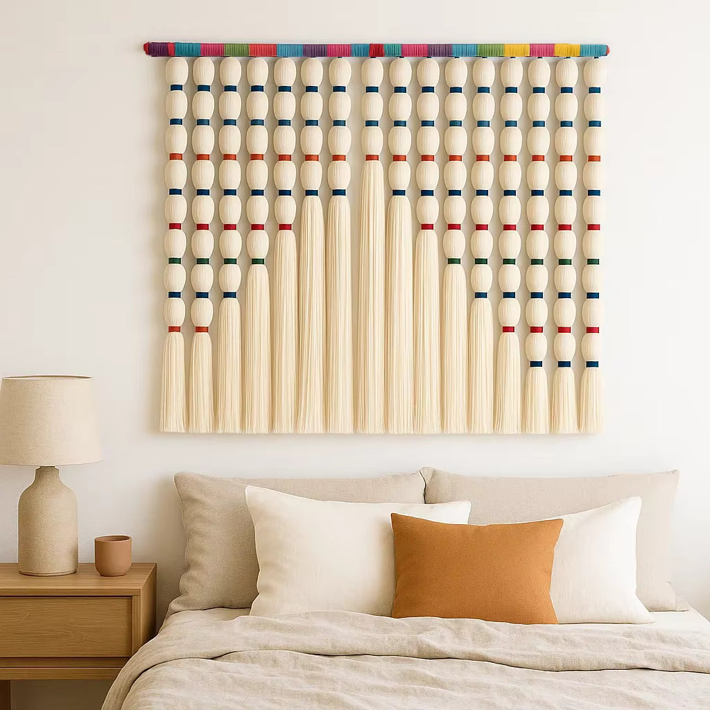 Bedroom with a decorative wall art piece above a bed