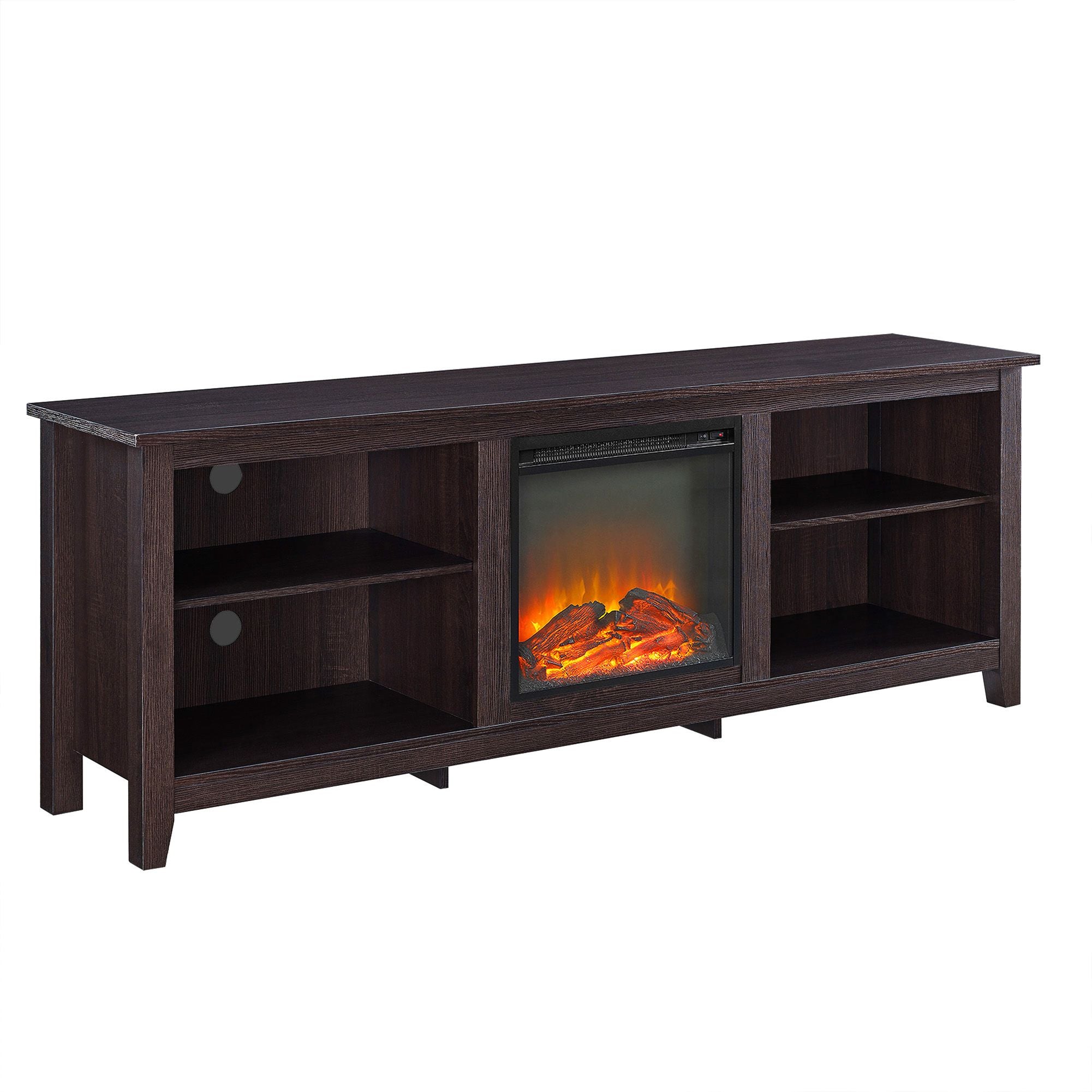 Dark wood TV stand with electric fireplace insert on a white background