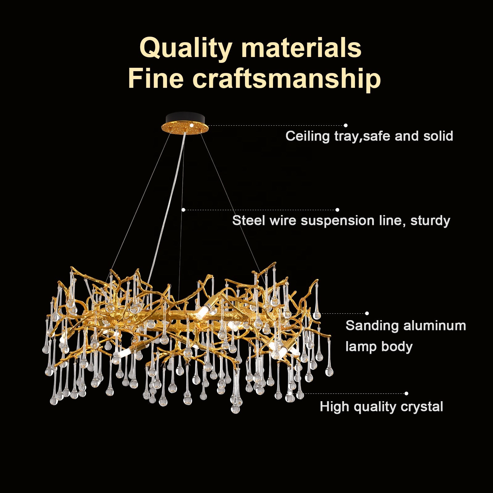 Luxury Gold Crystal Chandelier – 31.5" Tree Branch Round LED Pendant Light for Dining Room, Bedroom & Modern Interiors