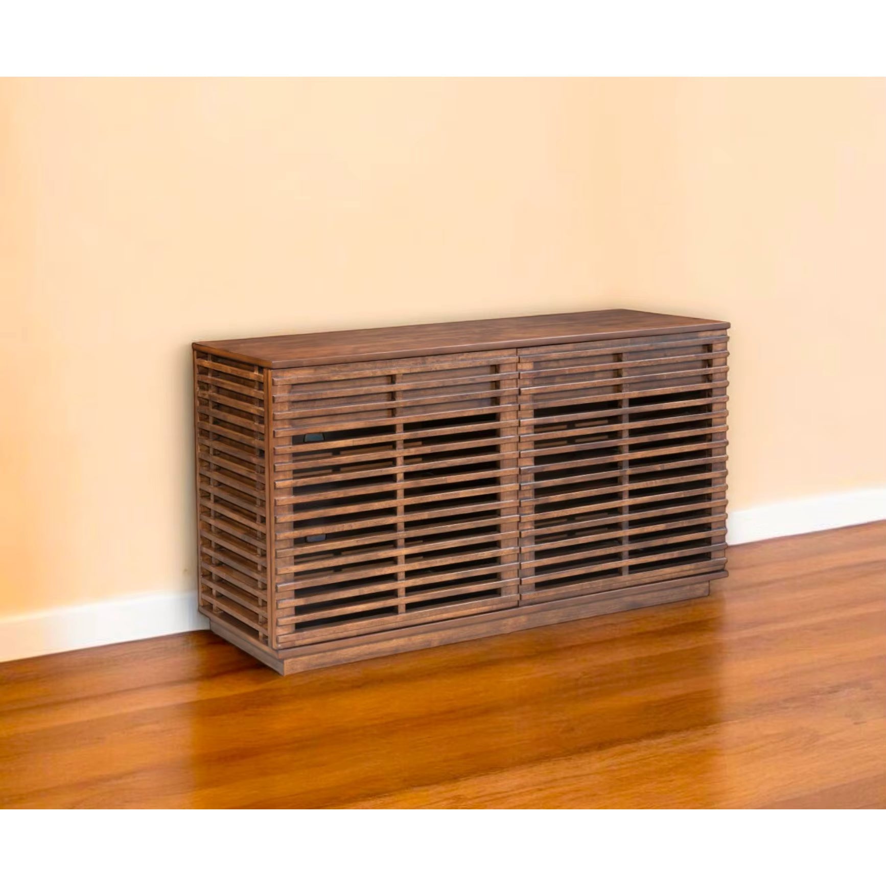 Wooden radiator cover on a wooden floor against a beige wall