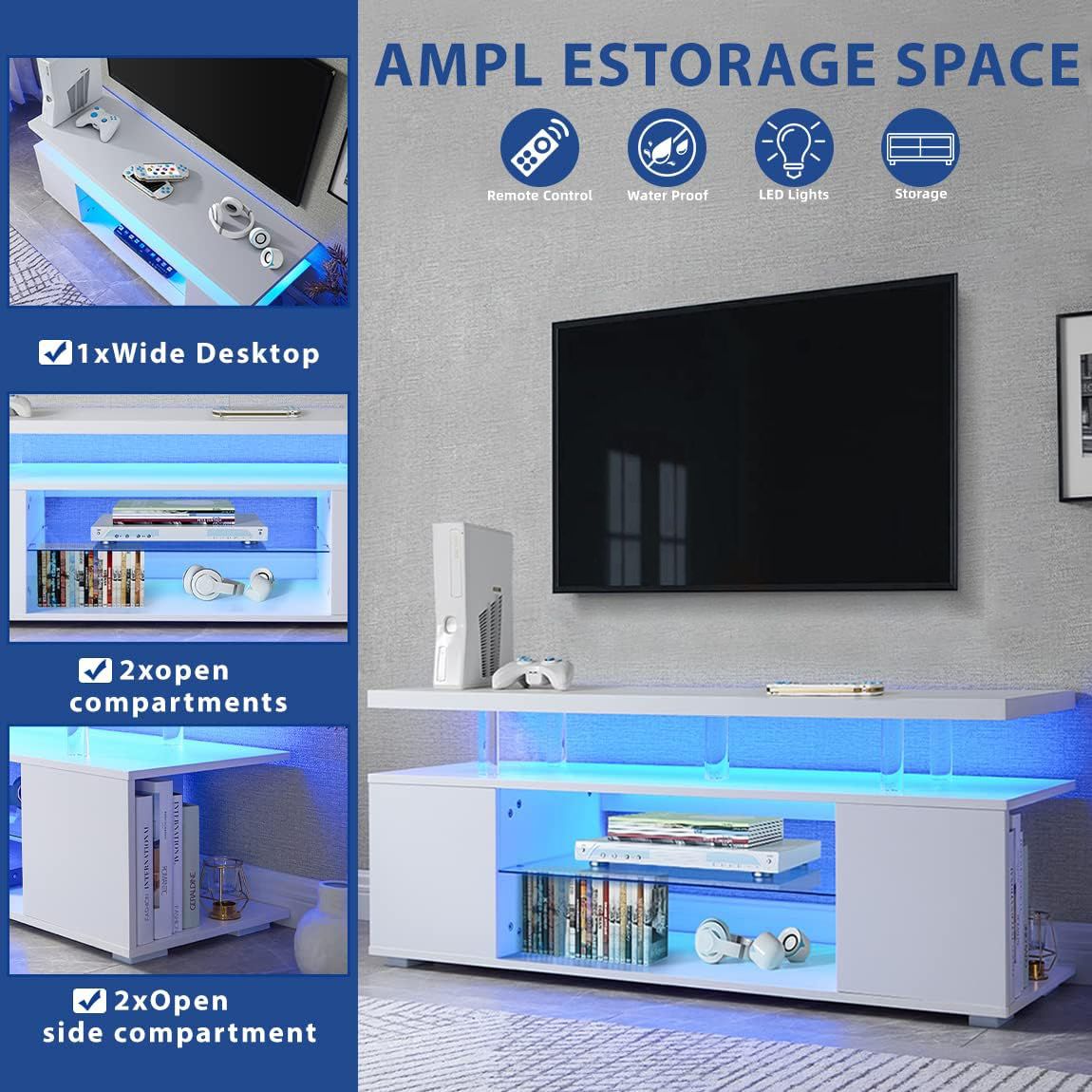 White entertainment console with blue LED lights, TV mounted above, and storage compartments.