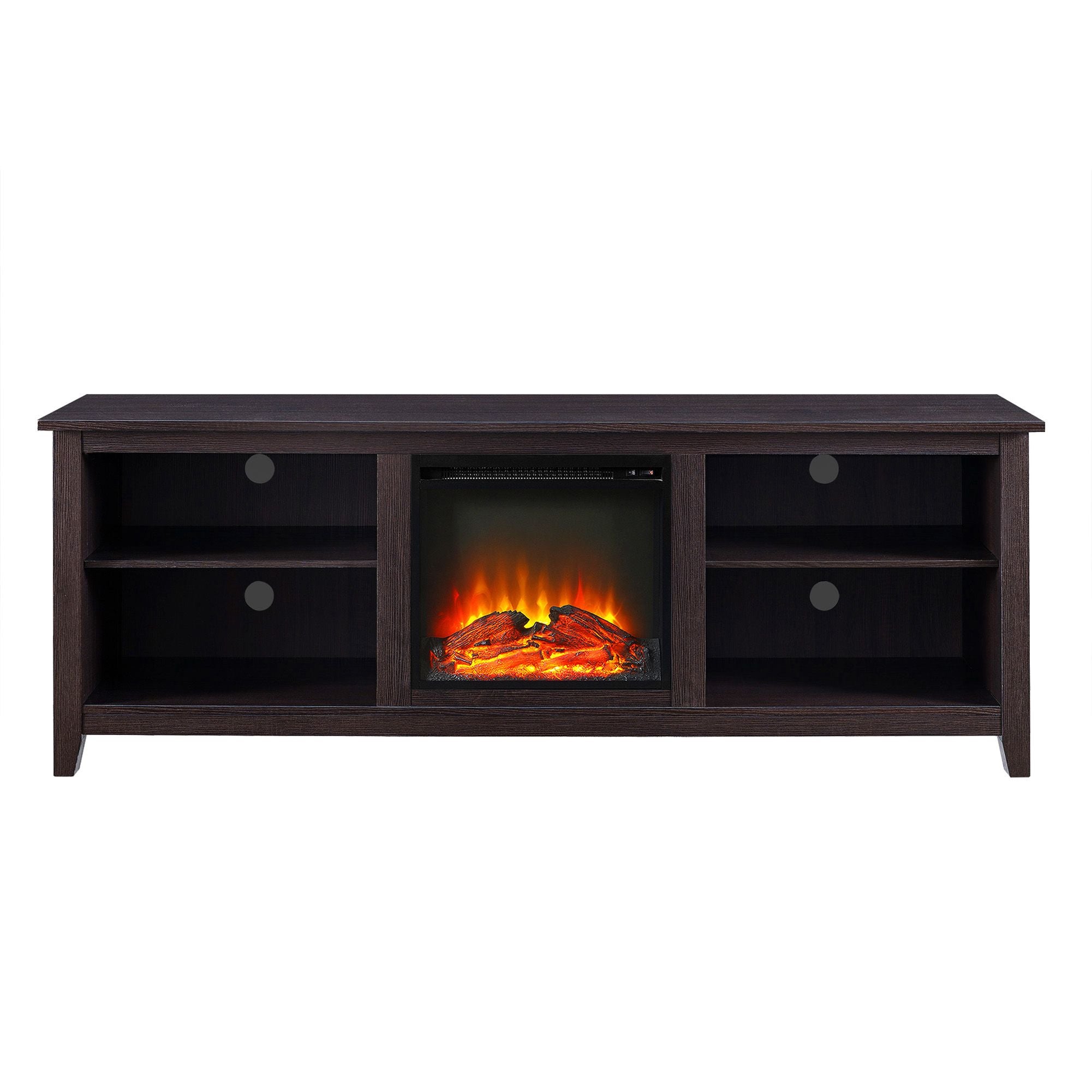 Wooden TV stand with electric fireplace insert on a white background