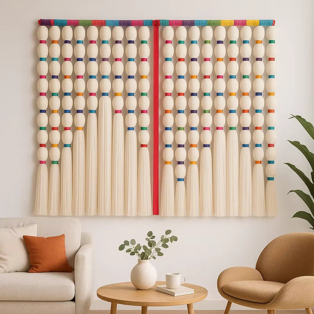 Decorative wall art with colorful beads in a living room setting.