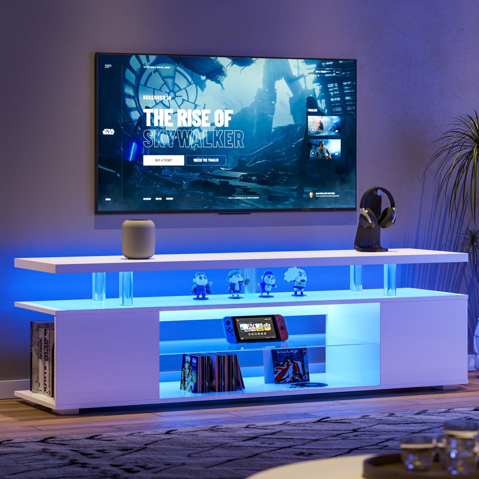 Modern living room with a TV displaying 'The Rise of Skywalker' and a white entertainment console.