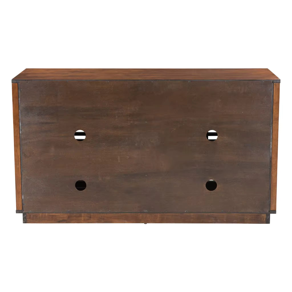 Wooden dresser with metal accents on a white background