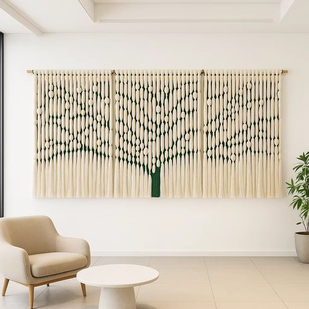 Modern interior with a decorative wall hanging and a chair.