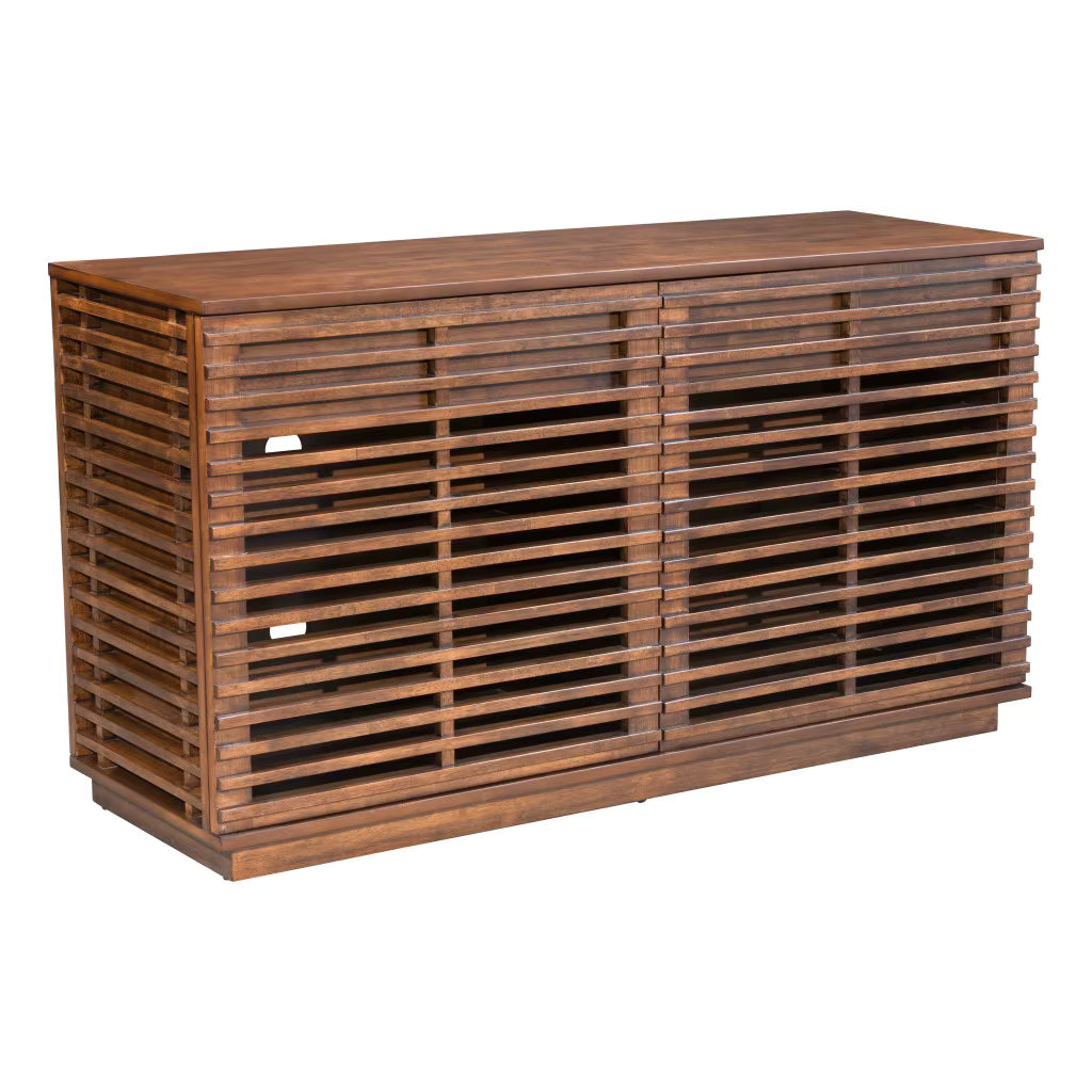 Wooden sideboard with slatted design on a white background