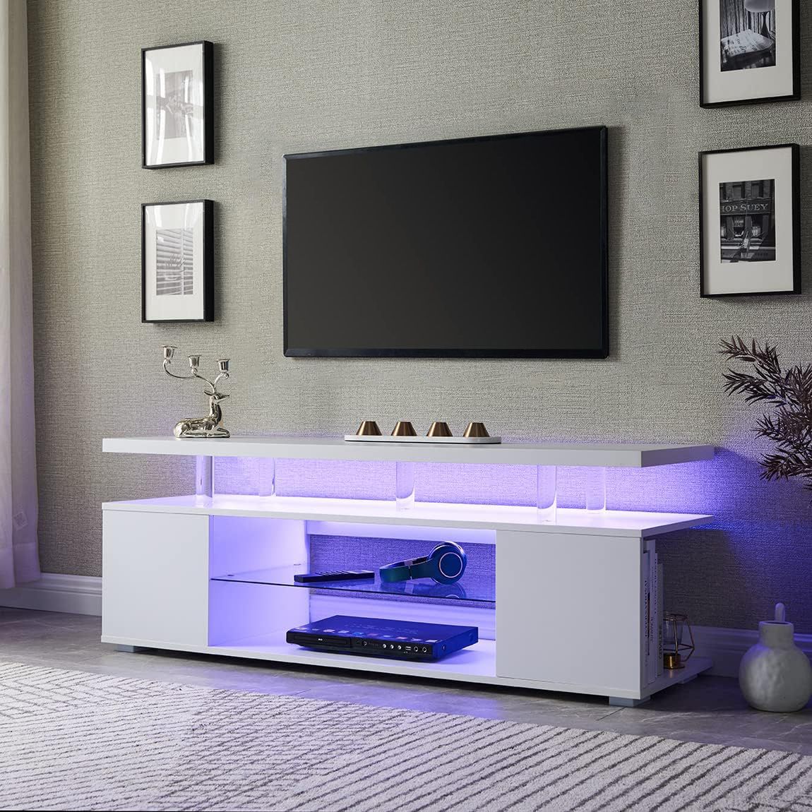 Modern TV stand with LED lighting in a living room setting