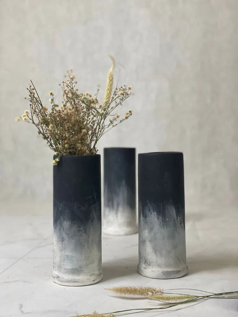 Nureyaa Domino Black and White Ceramic Vase, 9.8" tall, 3.5" wide, handmade modern decor