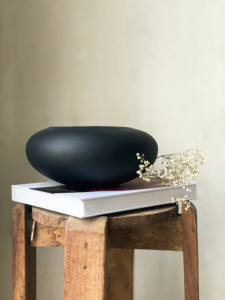 Nureyaa Sable Black Ceramic Round Vase, 2.5" tall, 6" wide, handmade dramatic decor Medium Size
