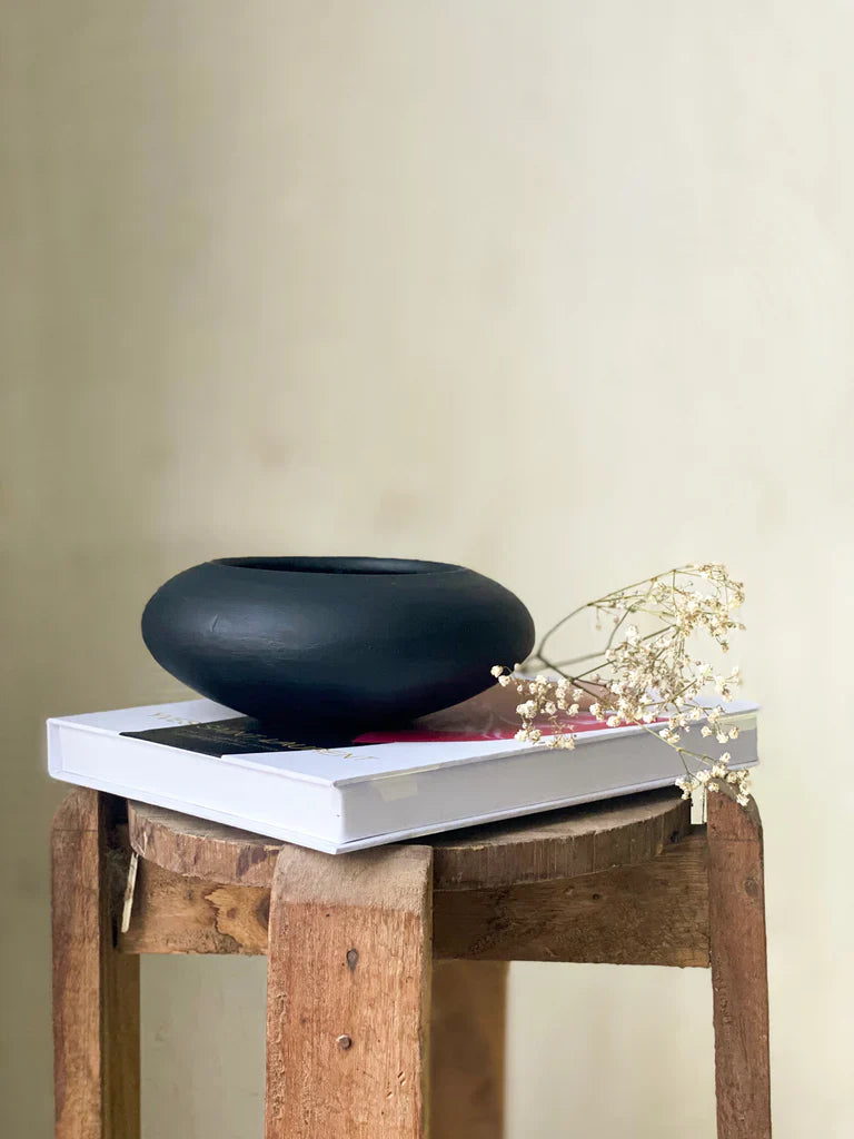 Nureyaa Sable Black Ceramic Round Vase, 2.5" tall, 6" wide, handmade dramatic decor Small Size