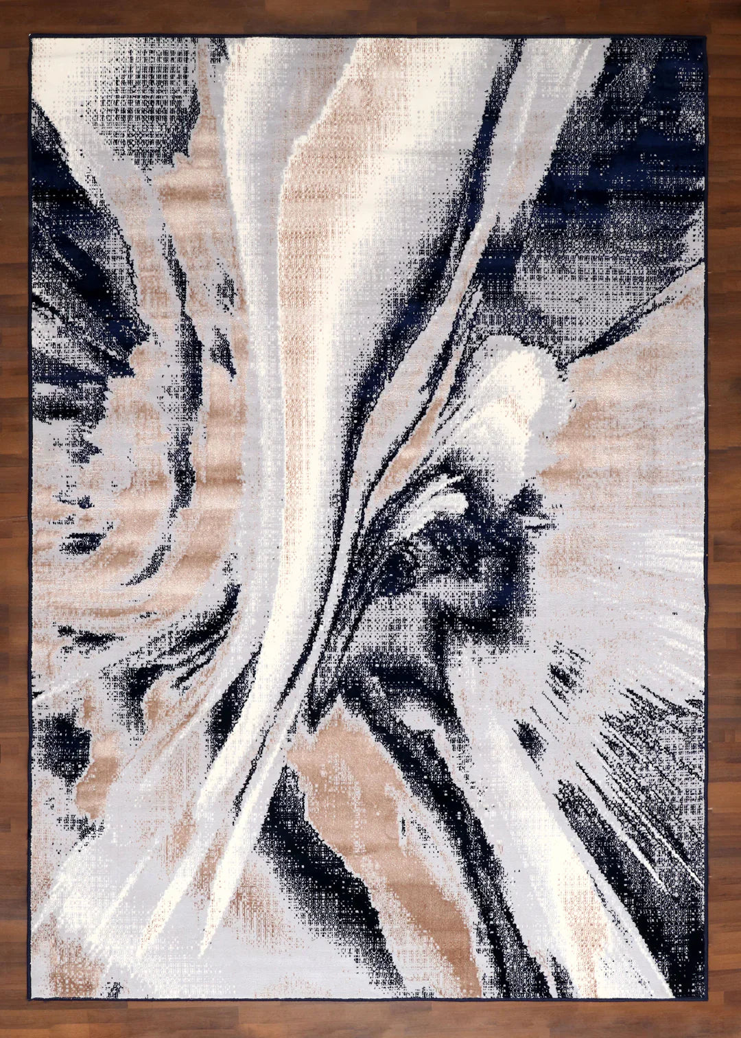 Abstract art print with black, white, and beige colors on a wooden surface