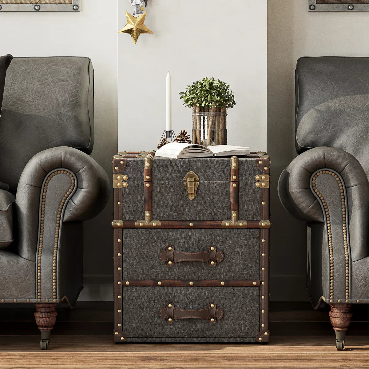 Lannigan Vintage Storage Chest with Buckle Hinged Top, Linen Accent End Side Table, Dark Gray