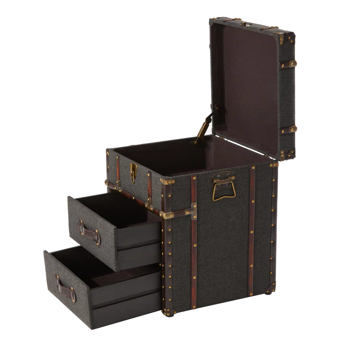 Lannigan Vintage Storage Chest with Buckle Hinged Top, Linen Accent End Side Table, Dark Gray