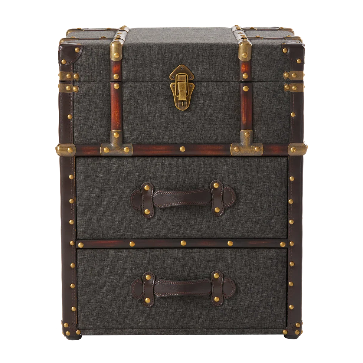 Lannigan Vintage Storage Chest with Buckle Hinged Top, Linen Accent End Side Table, Dark Gray
