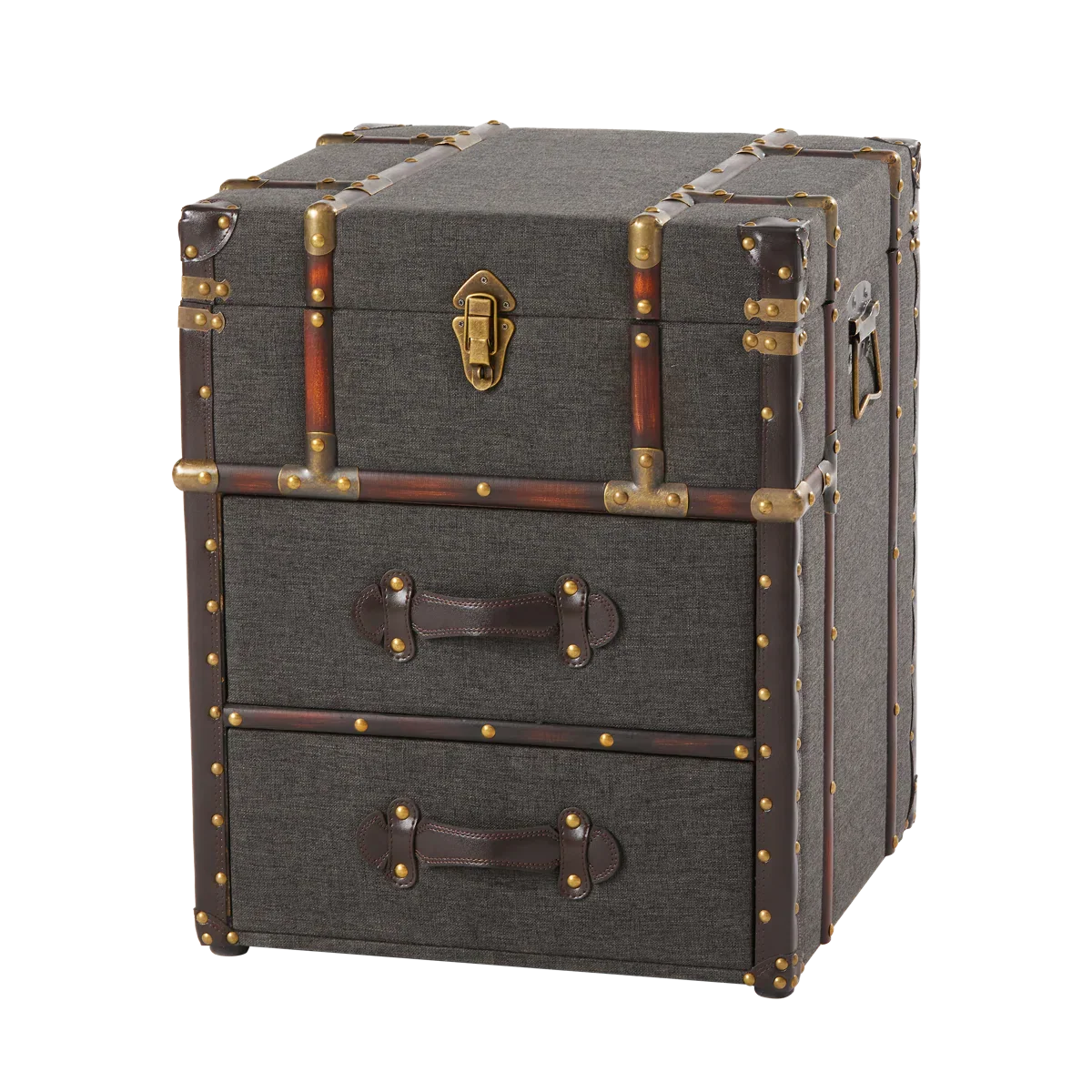 Lannigan Vintage Storage Chest with Buckle Hinged Top, Linen Accent End Side Table, Dark Gray