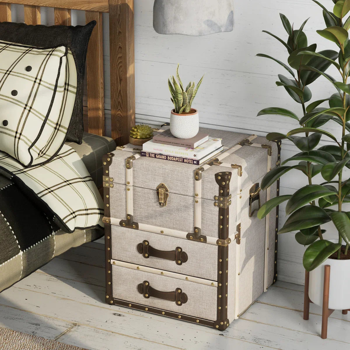 Lannigan Vintage Storage Chest with Buckle Hinged Top, Linen Accent End Side Table, Light Gray