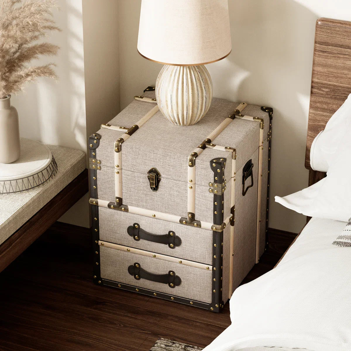 Lannigan Vintage Storage Chest with Buckle Hinged Top, Linen Accent End Side Table, Light Gray