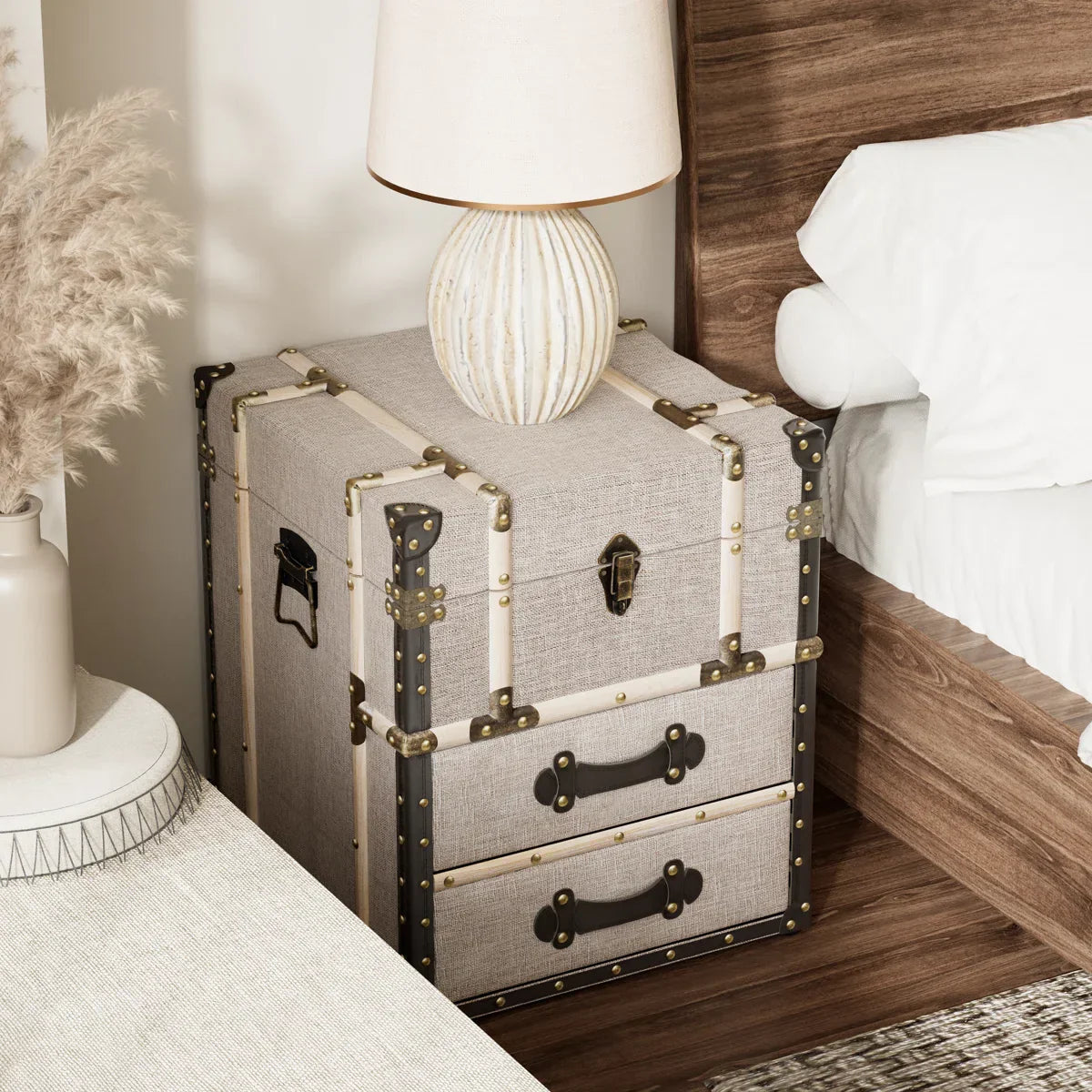 Lannigan Vintage Storage Chest with Buckle Hinged Top, Linen Accent End Side Table, Light Gray