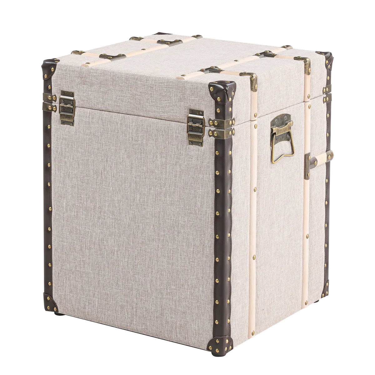 Lannigan Vintage Storage Chest with Buckle Hinged Top, Linen Accent End Side Table, Light Gray