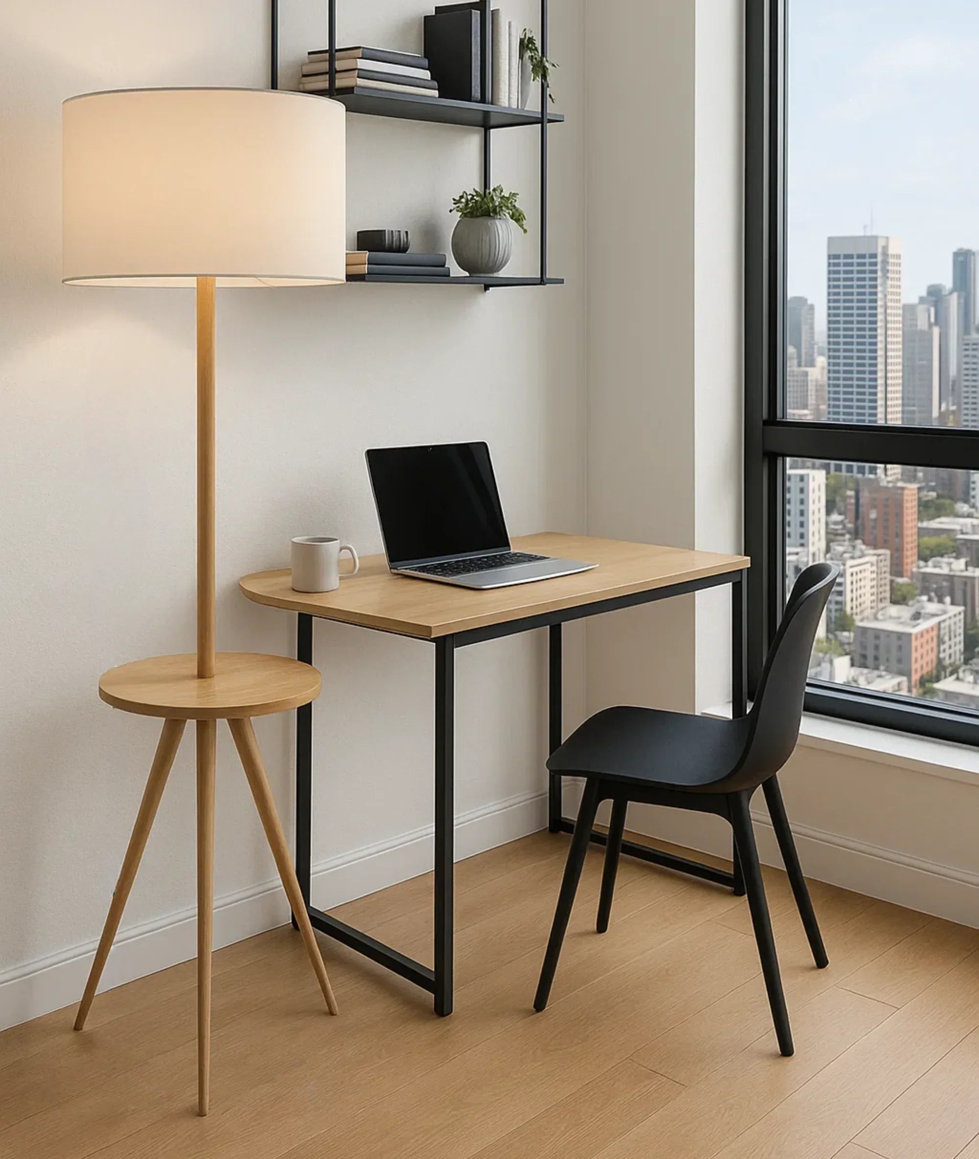 Nureyaa Modern Wooden Tripod Floor Lamp, 63" tall, 14" table, linen shade, handmade decor
