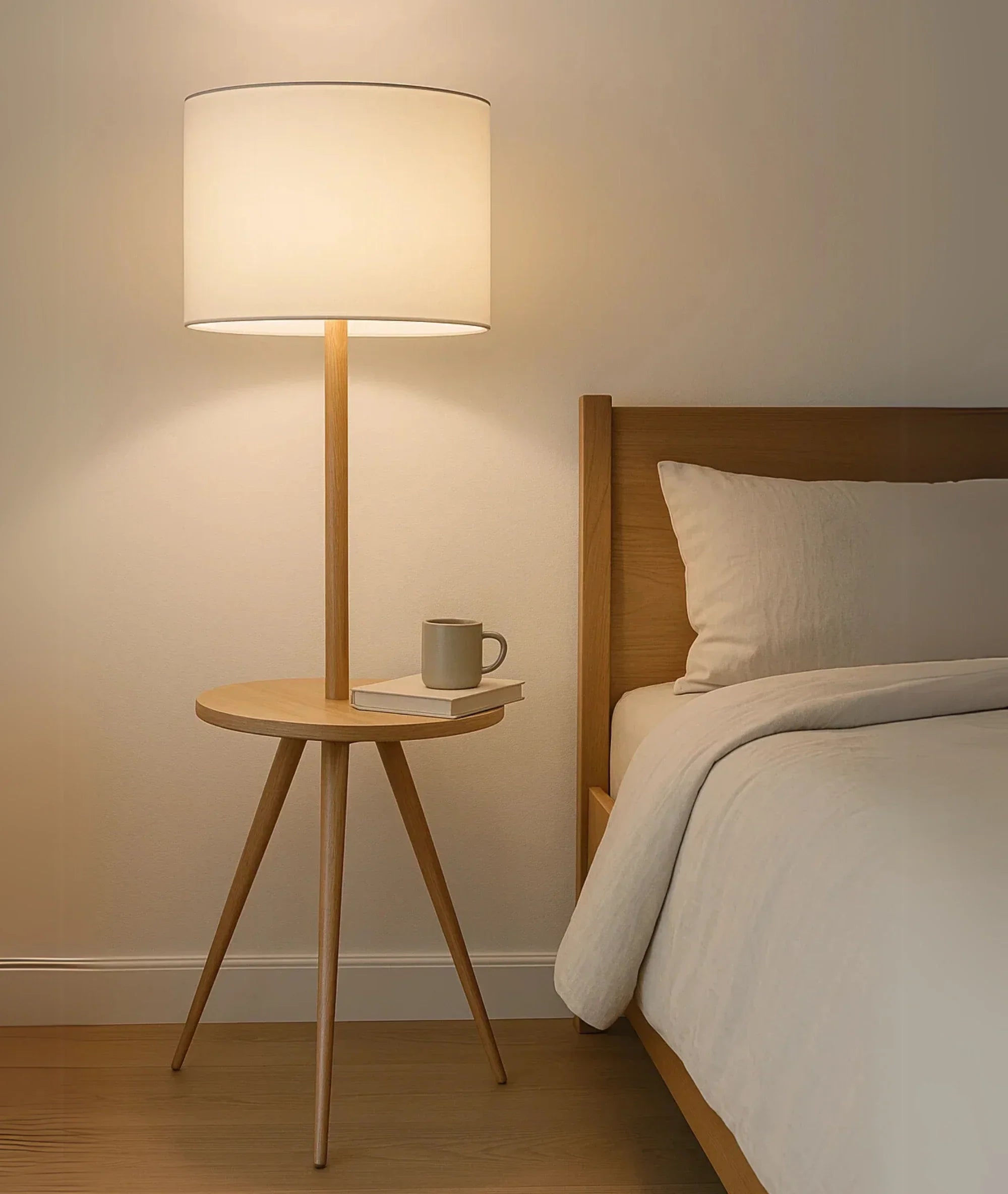 Nureyaa Modern Wooden Tripod Floor Lamp, 63" tall, 14" table, linen shade, handmade decor