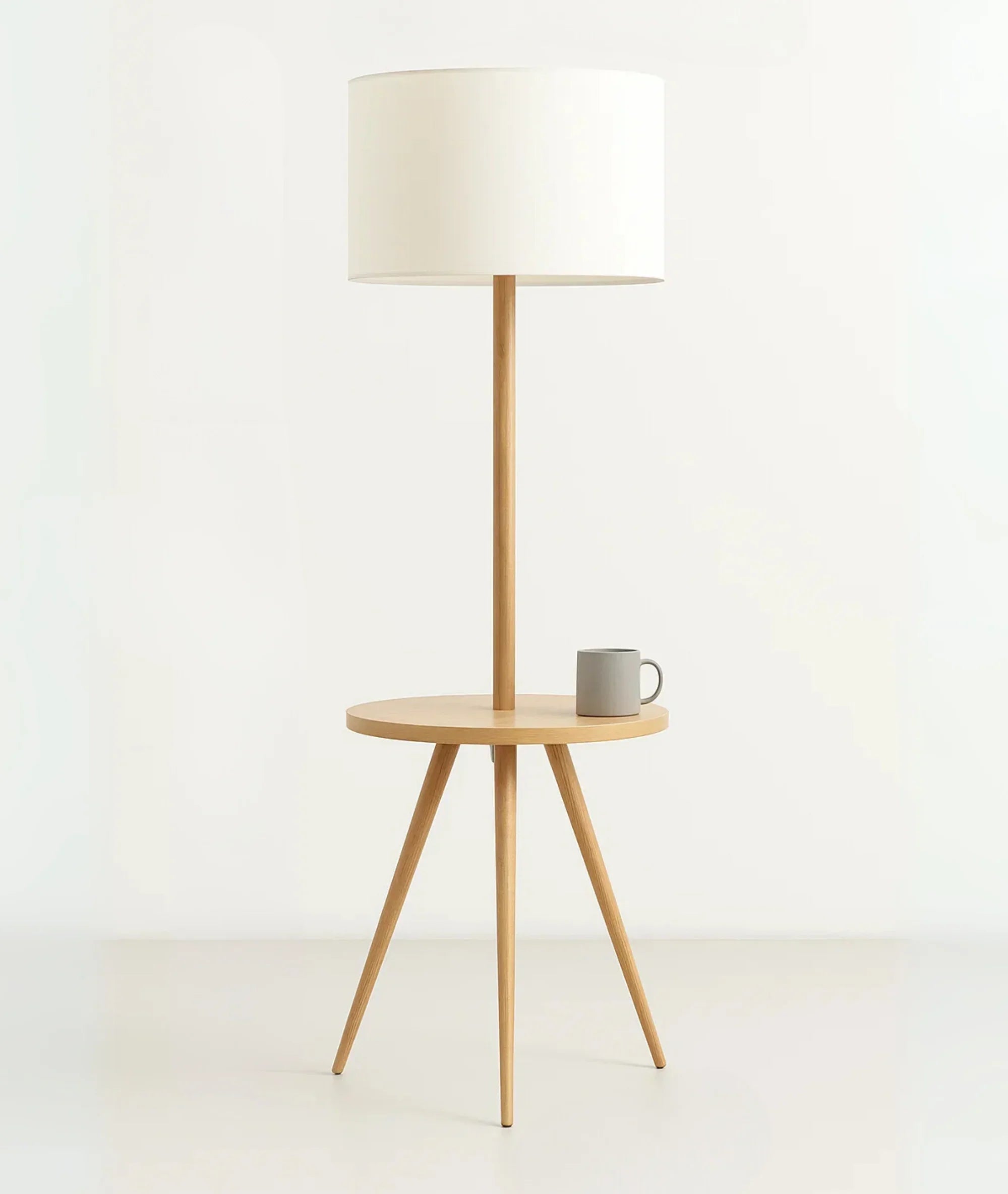 Nureyaa Modern Wooden Tripod Floor Lamp, 63" tall, 14" table, linen shade, handmade decor