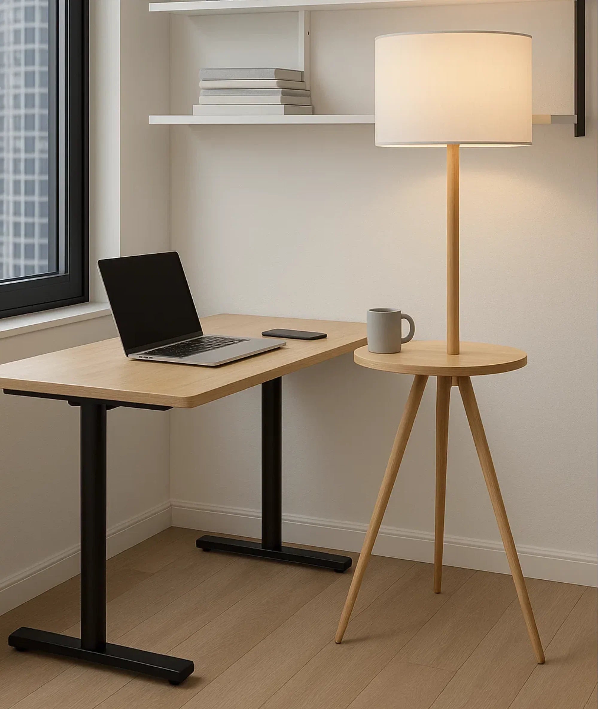 Nureyaa Modern Wooden Tripod Floor Lamp, 63" tall, 14" table, linen shade, handmade decor